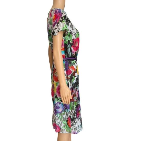 Hauber silk blend floral water colors dress with belt size M - Picture 3 of 8